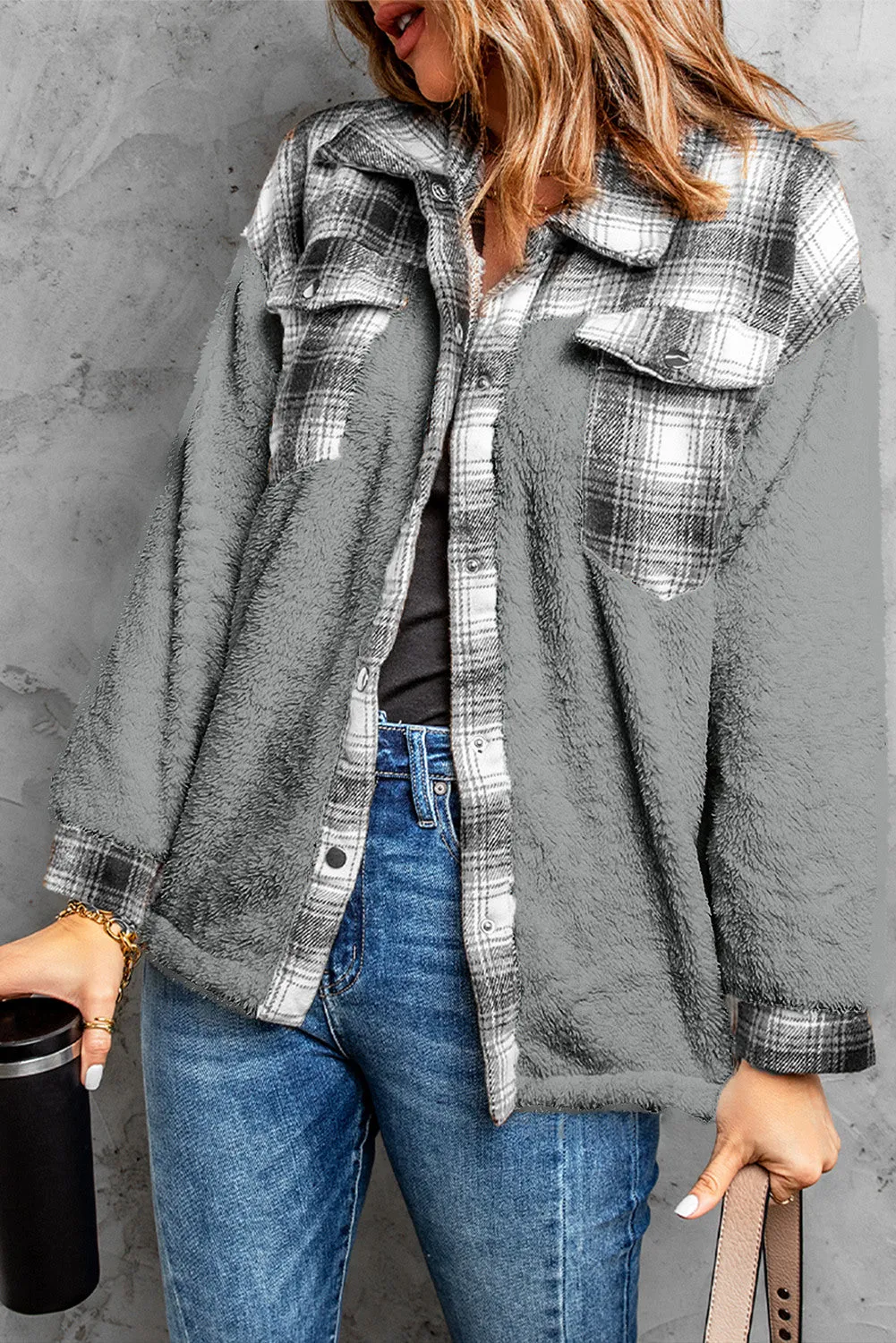 Women's Button Down Pocket Coat Plaid Shacket