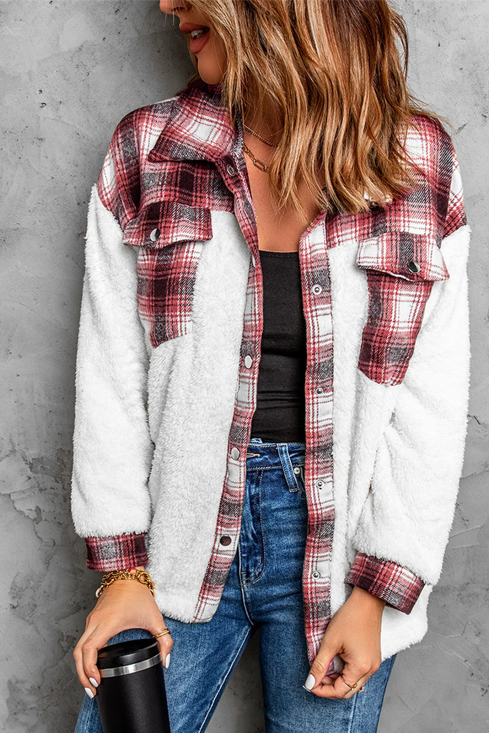Women's Button Down Pocket Coat Plaid Shacket