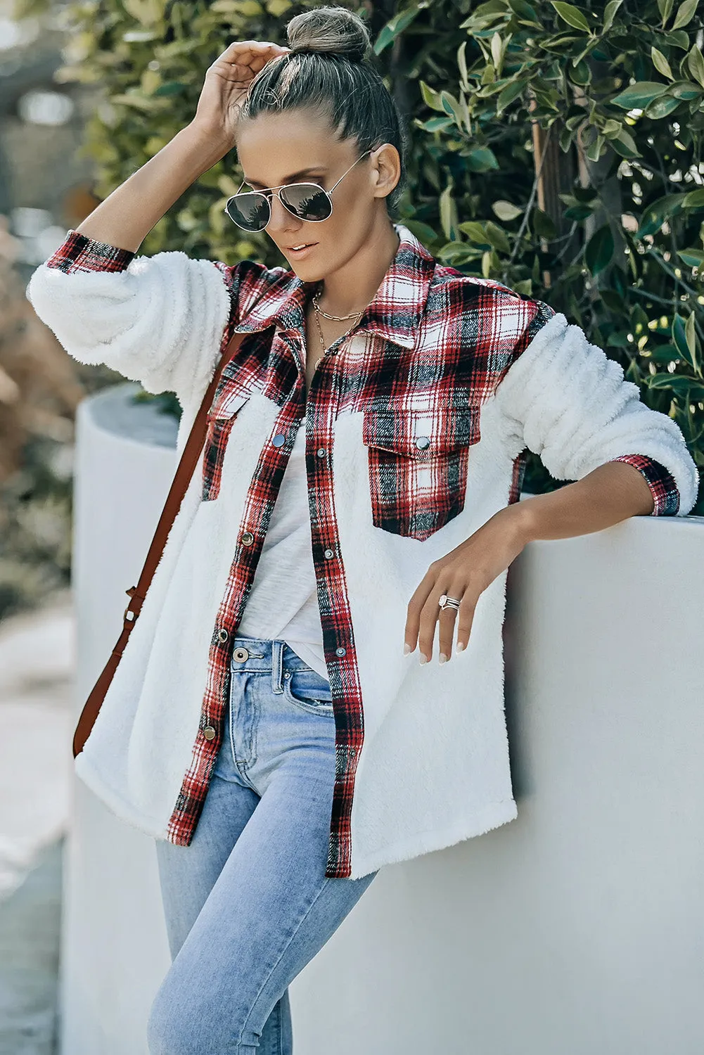 Women's Button Down Pocket Coat Plaid Shacket