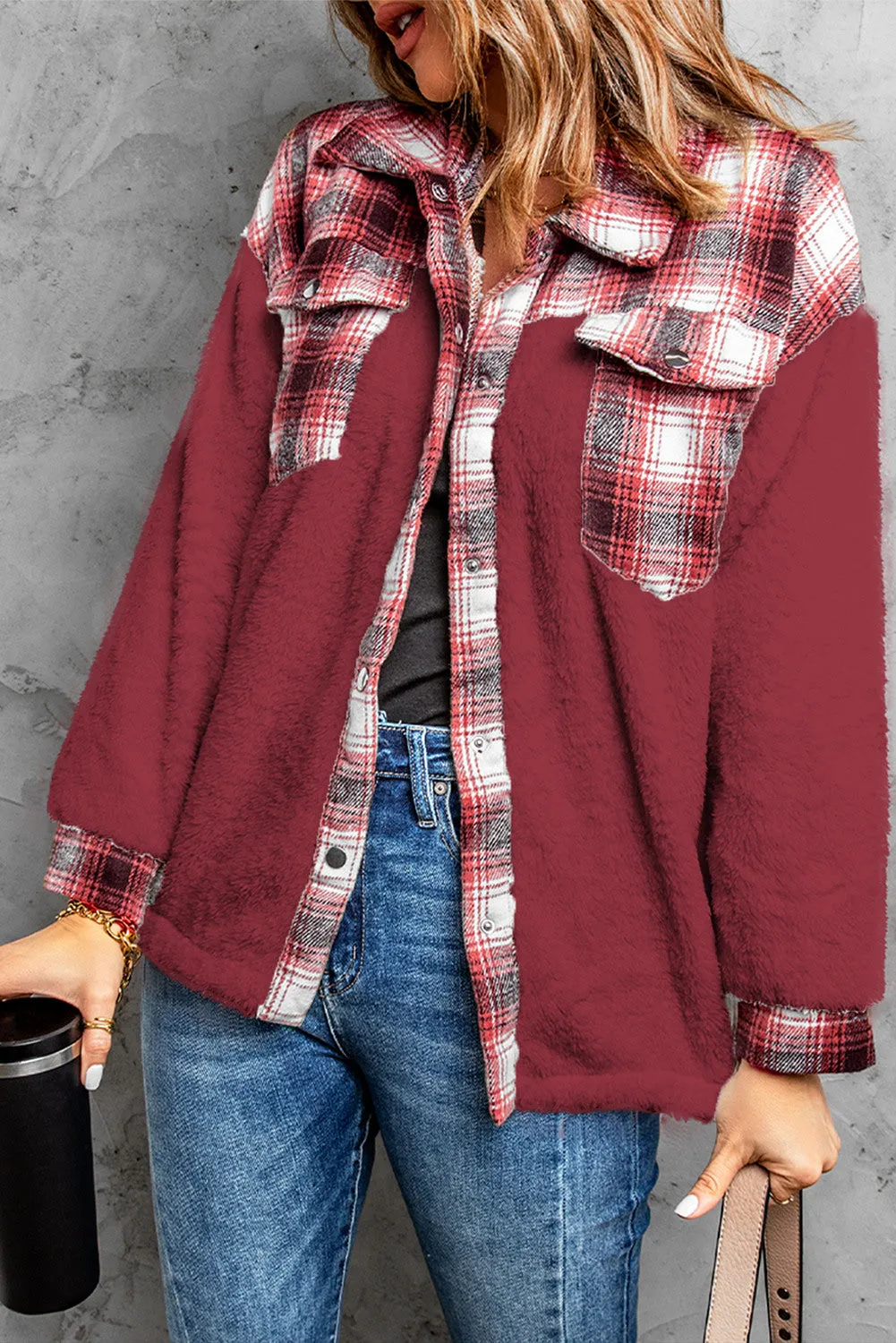 Women's Button Down Pocket Coat Plaid Shacket