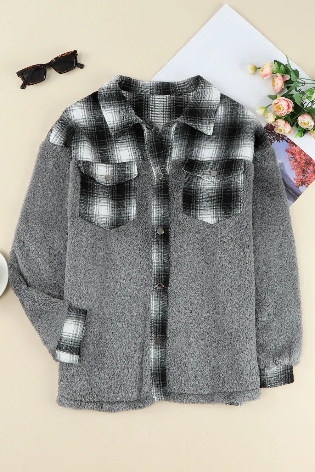 Women's Button Down Pocket Coat Plaid Shacket
