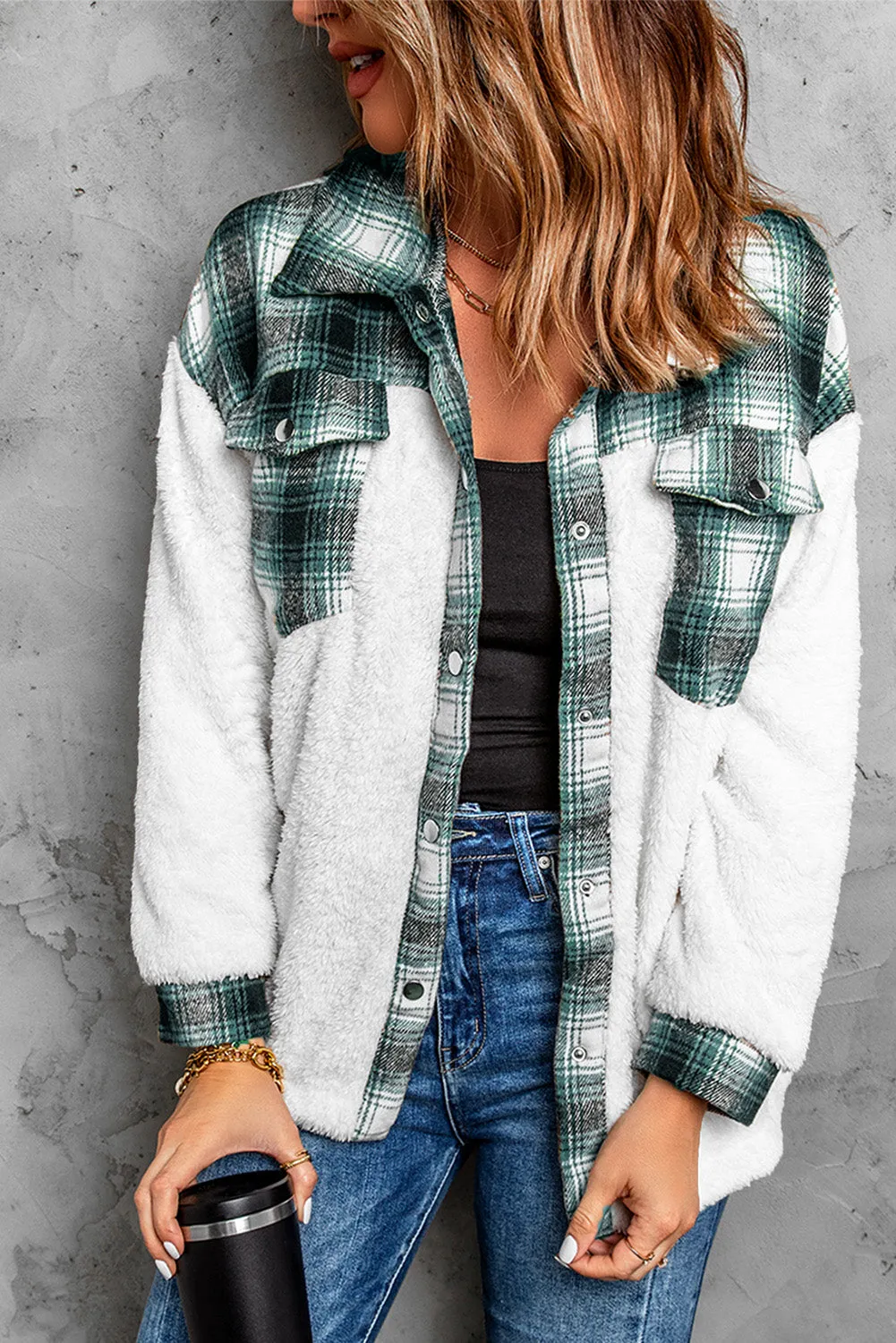 Women's Button Down Pocket Coat Plaid Shacket