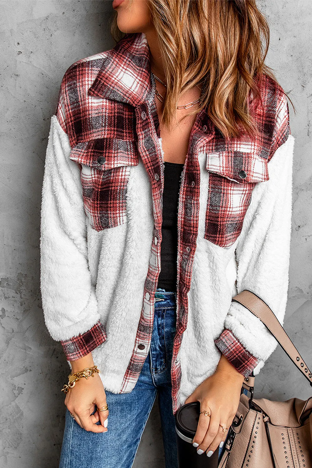 Women's Button Down Pocket Coat Plaid Shacket