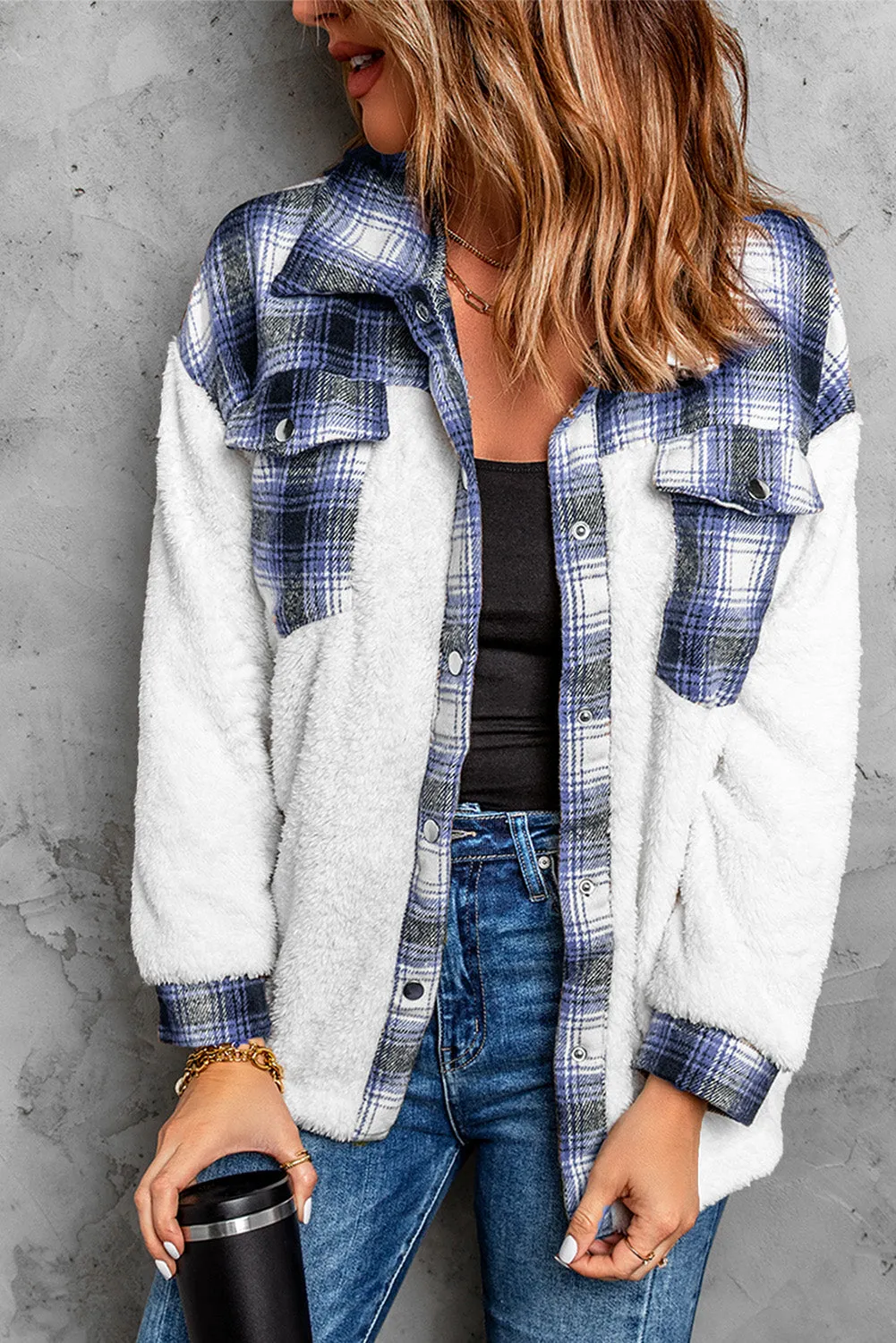 Women's Button Down Pocket Coat Plaid Shacket