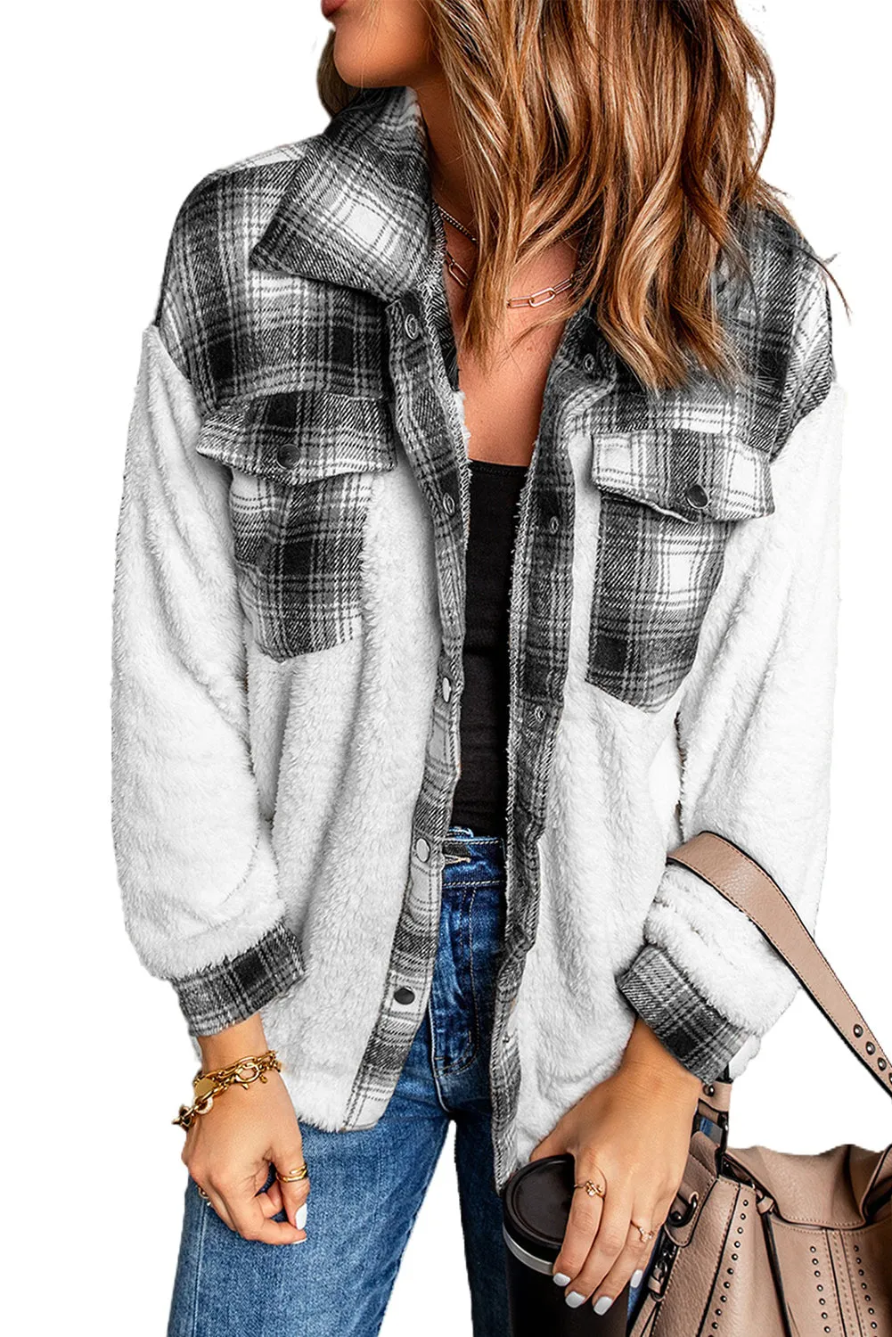 Women's Button Down Pocket Coat Plaid Shacket