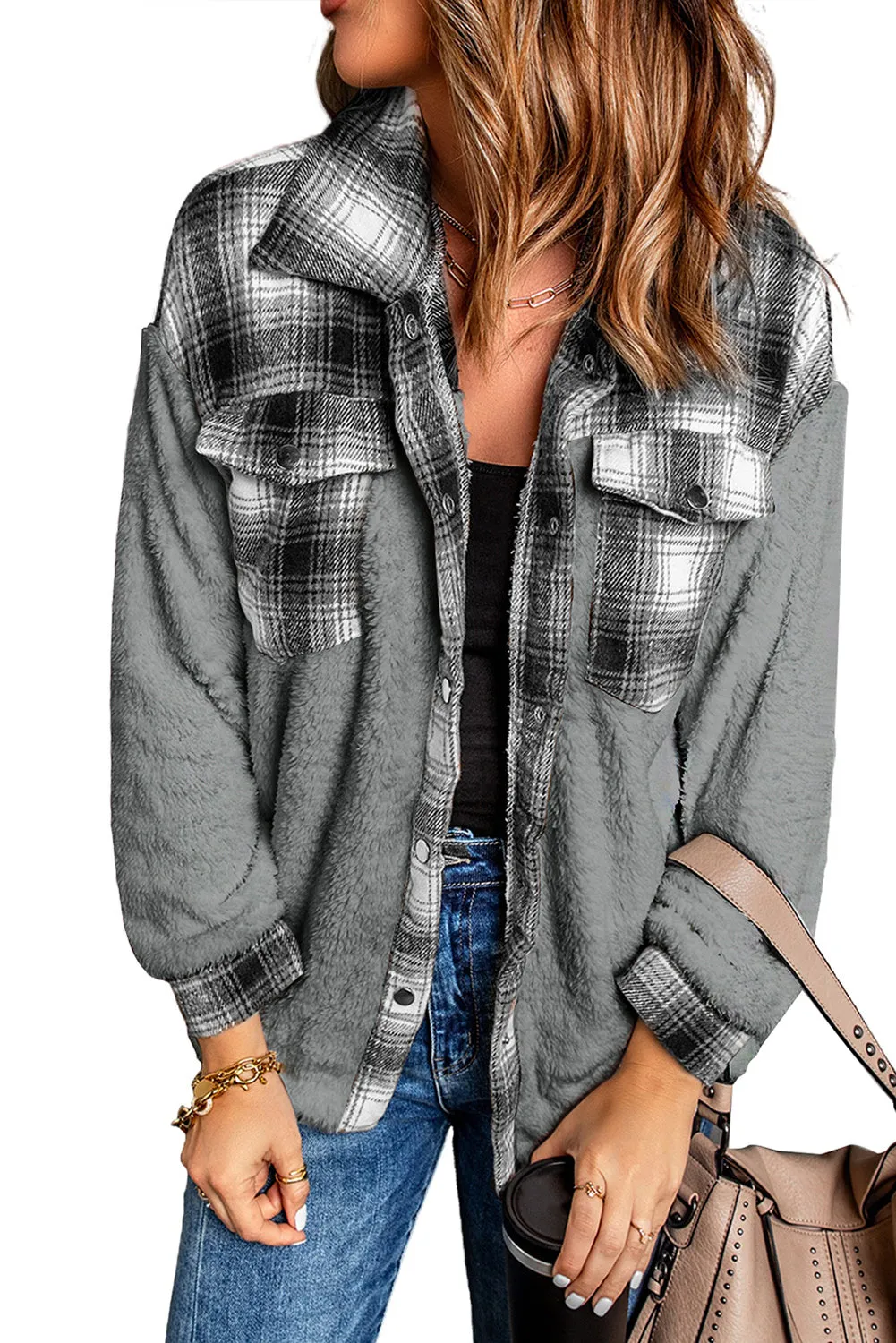 Women's Button Down Pocket Coat Plaid Shacket
