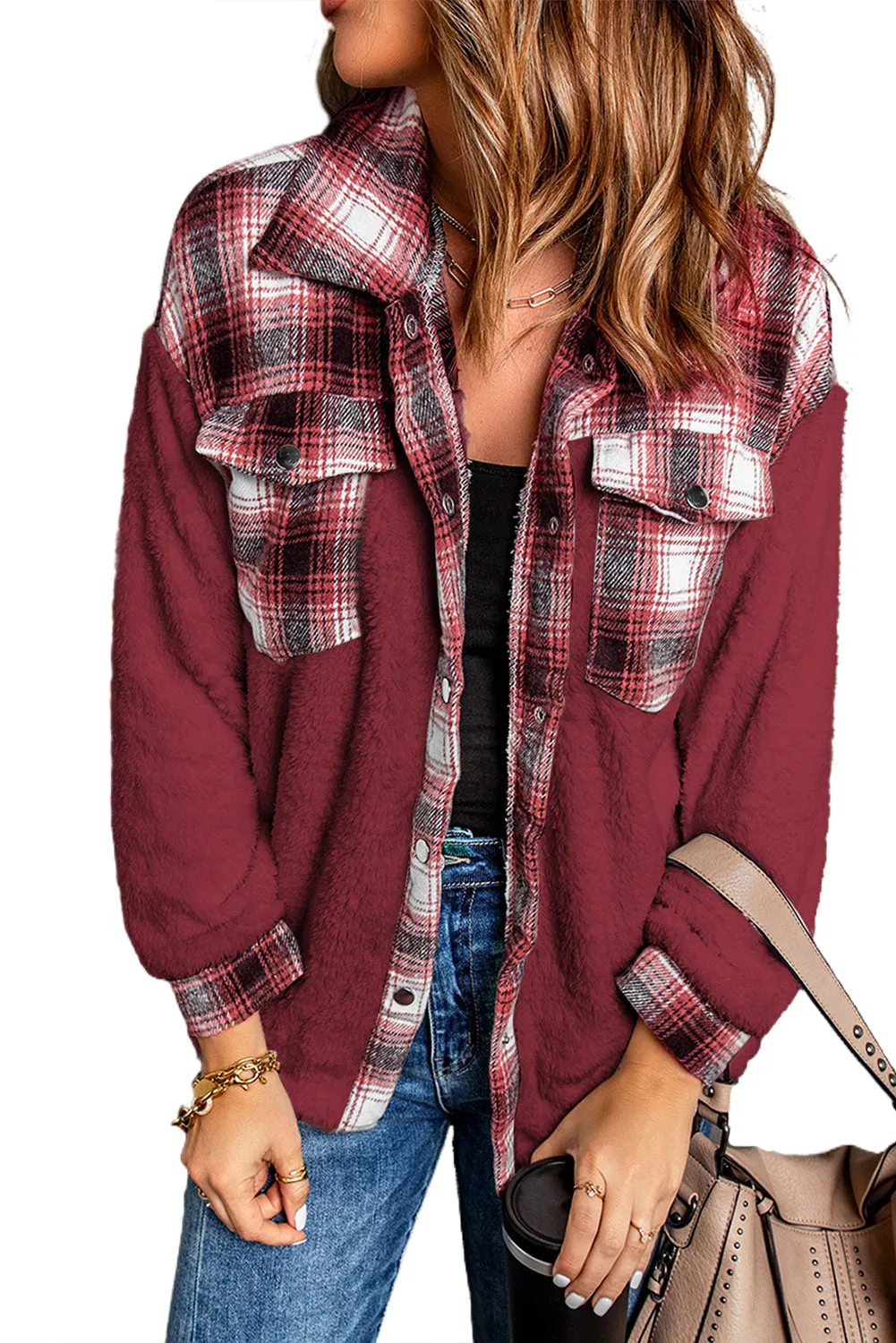 Women's Button Down Pocket Coat Plaid Shacket