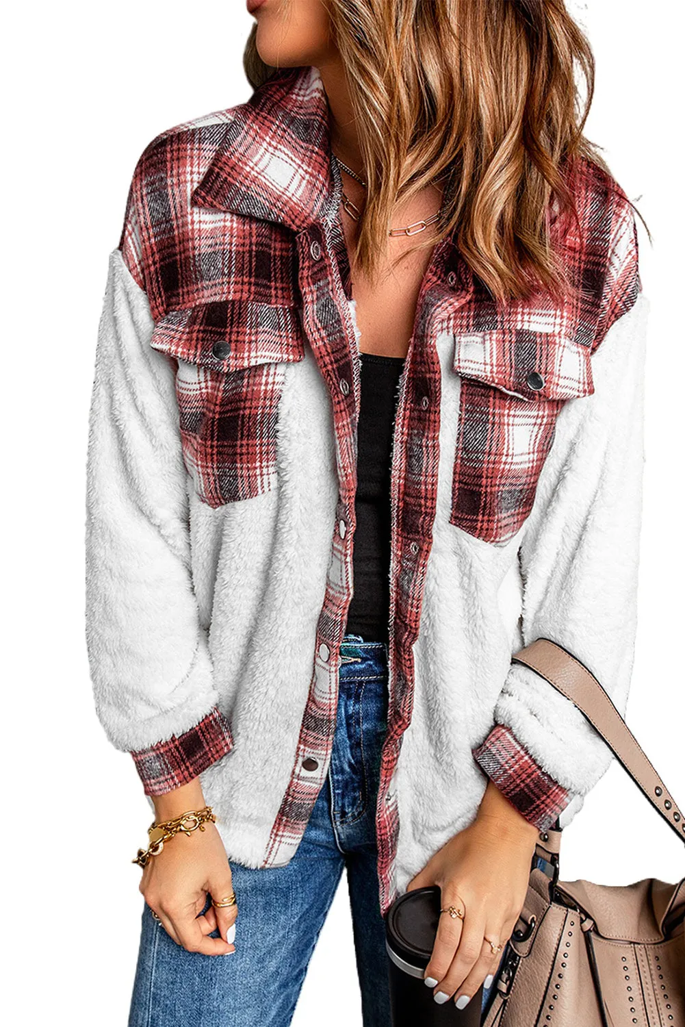 Women's Button Down Pocket Coat Plaid Shacket