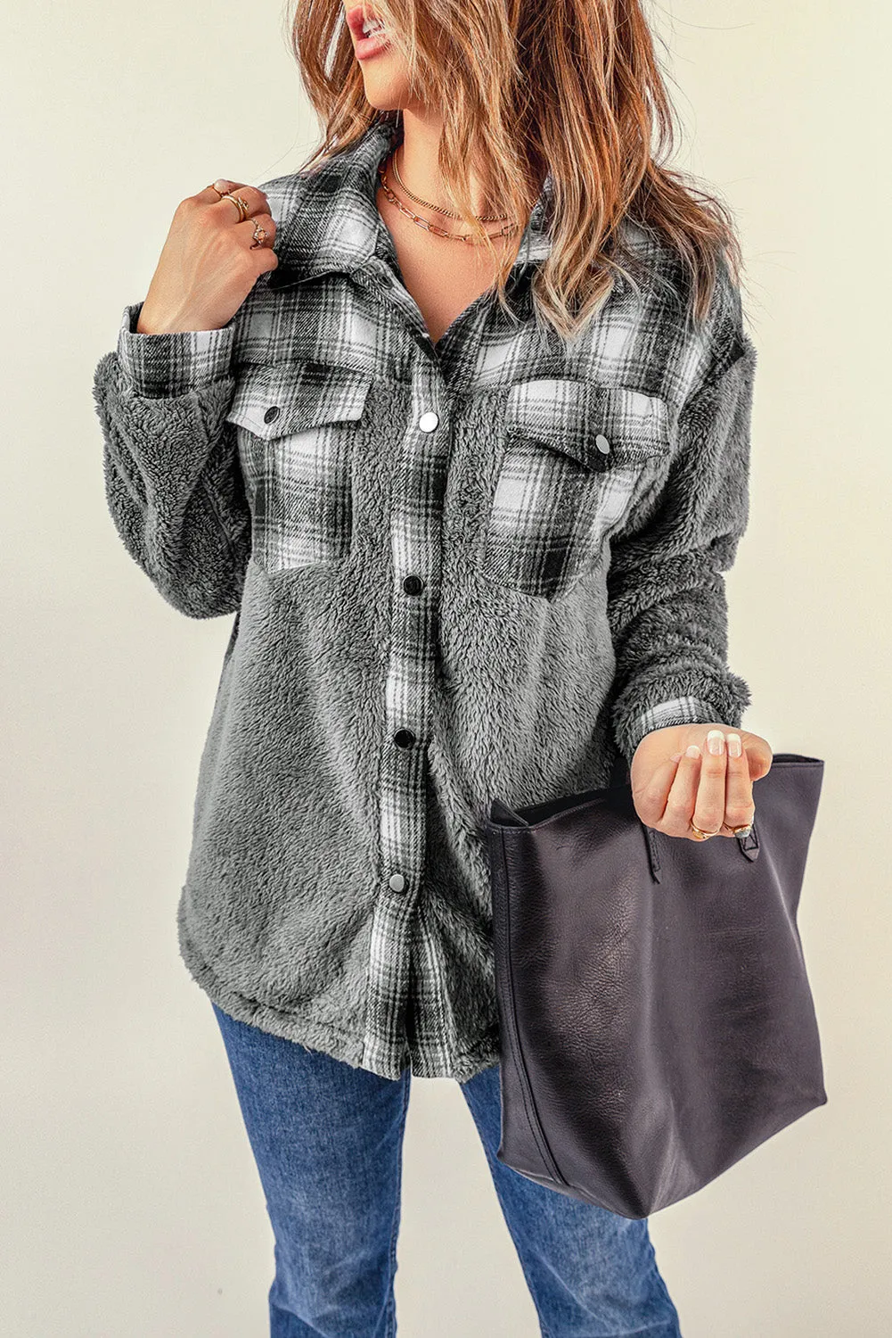 Women's Button Down Pocket Coat Plaid Shacket