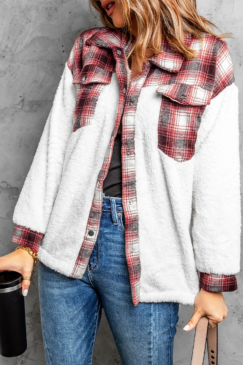 Women's Button Down Pocket Coat Plaid Shacket