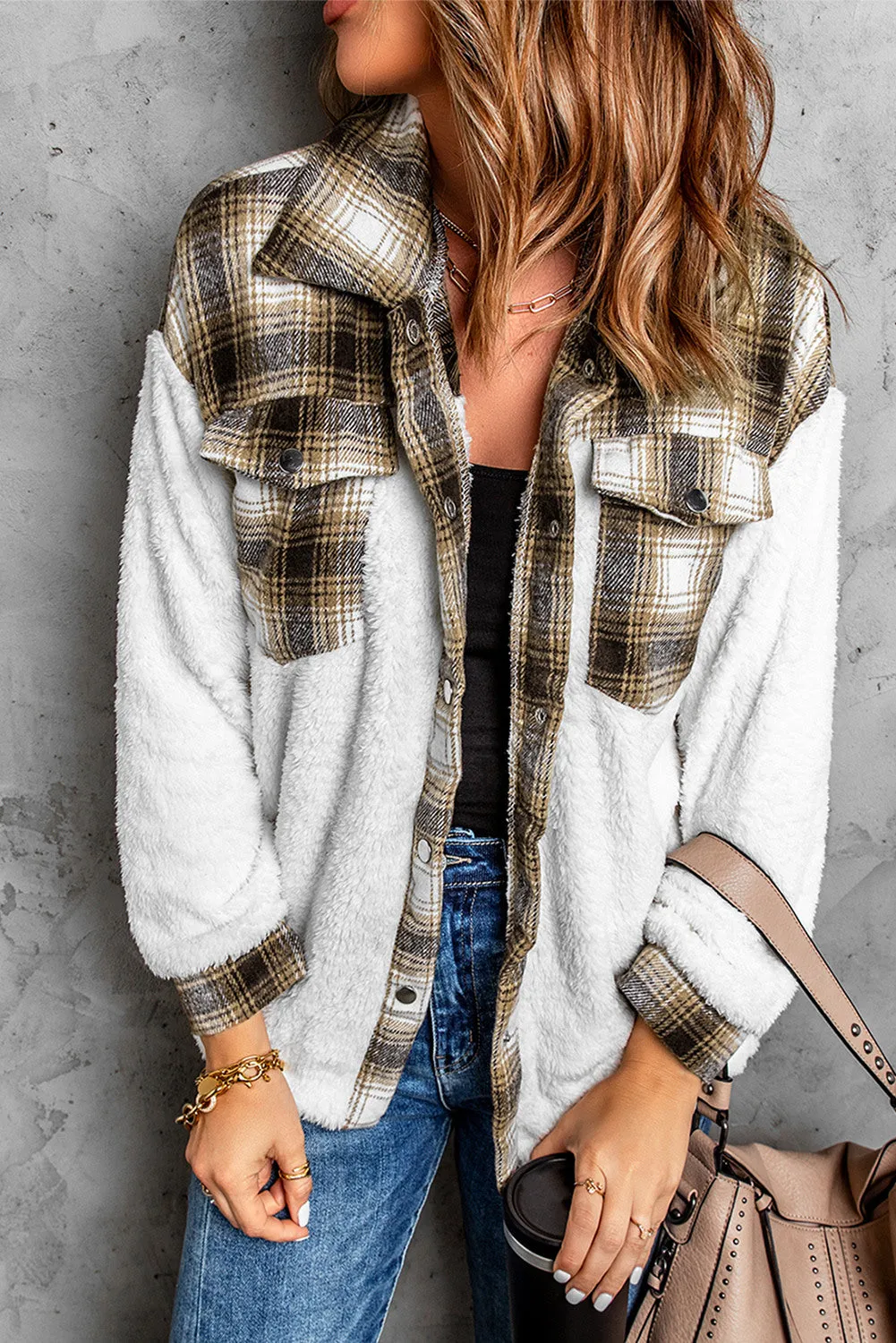 Women's Button Down Pocket Coat Plaid Shacket