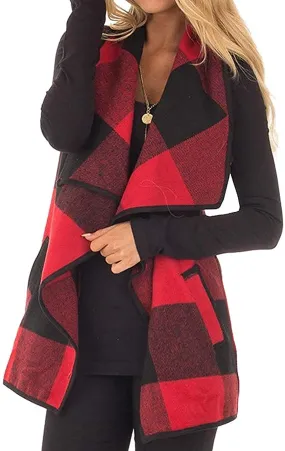 Womens Casual Lapel Open Front Plaid Vest Cardigan Coat with Pockets Sleeveless