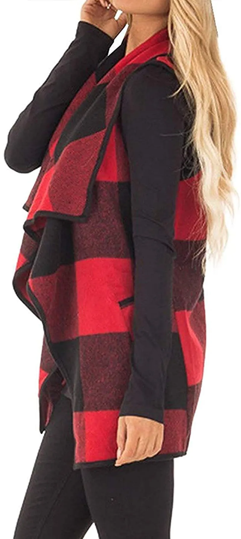Womens Casual Lapel Open Front Plaid Vest Cardigan Coat with Pockets Sleeveless