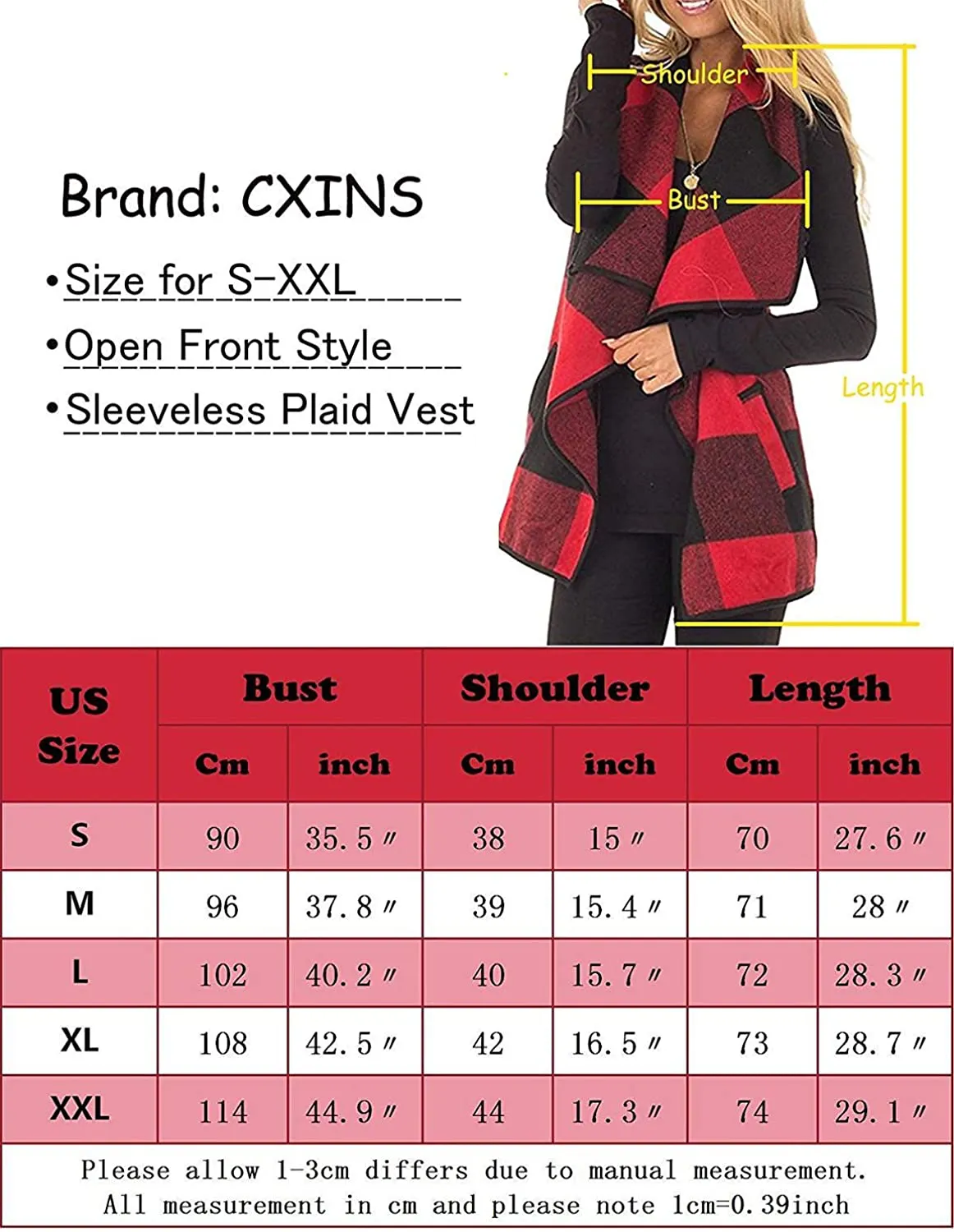 Womens Casual Lapel Open Front Plaid Vest Cardigan Coat with Pockets Sleeveless