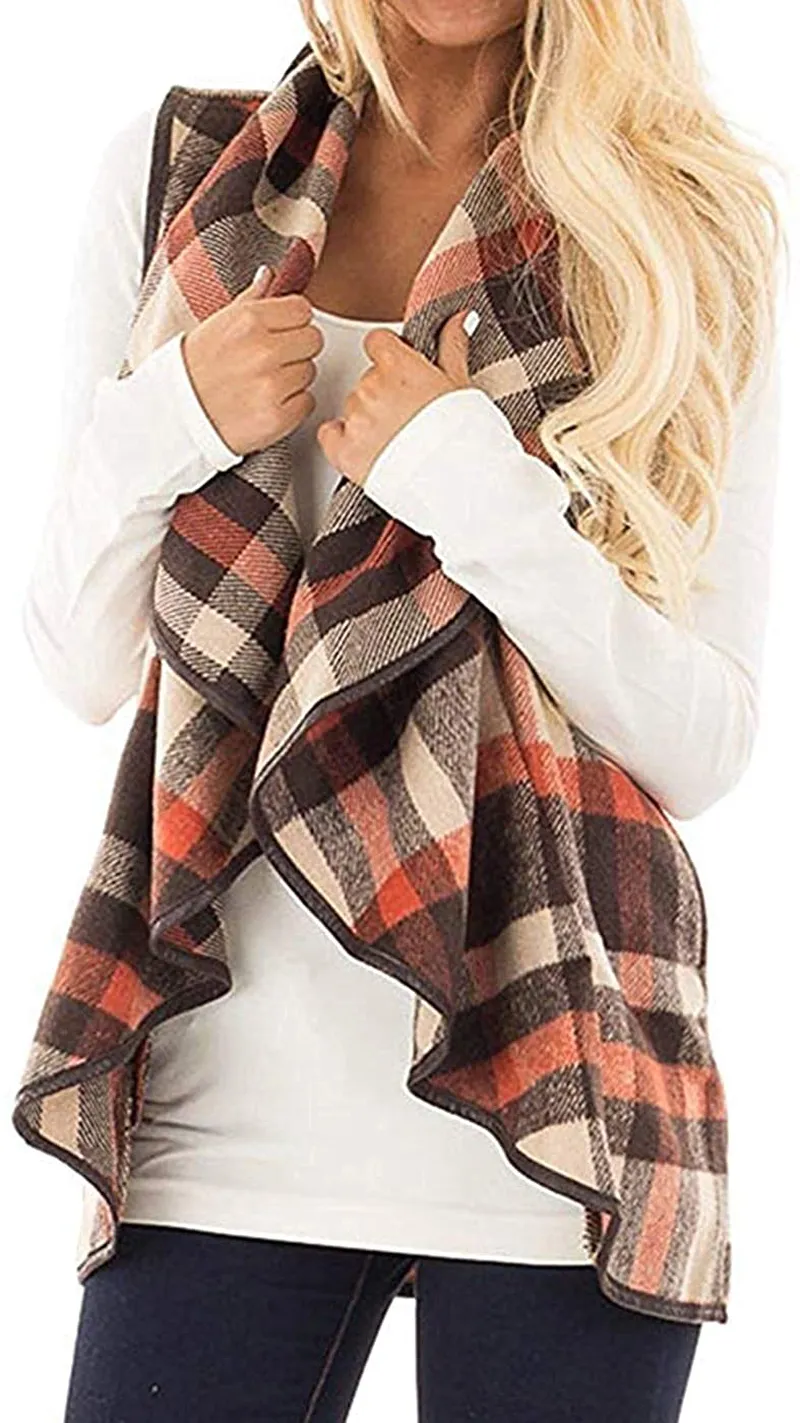 Womens Casual Lapel Open Front Plaid Vest Cardigan Coat with Pockets Sleeveless