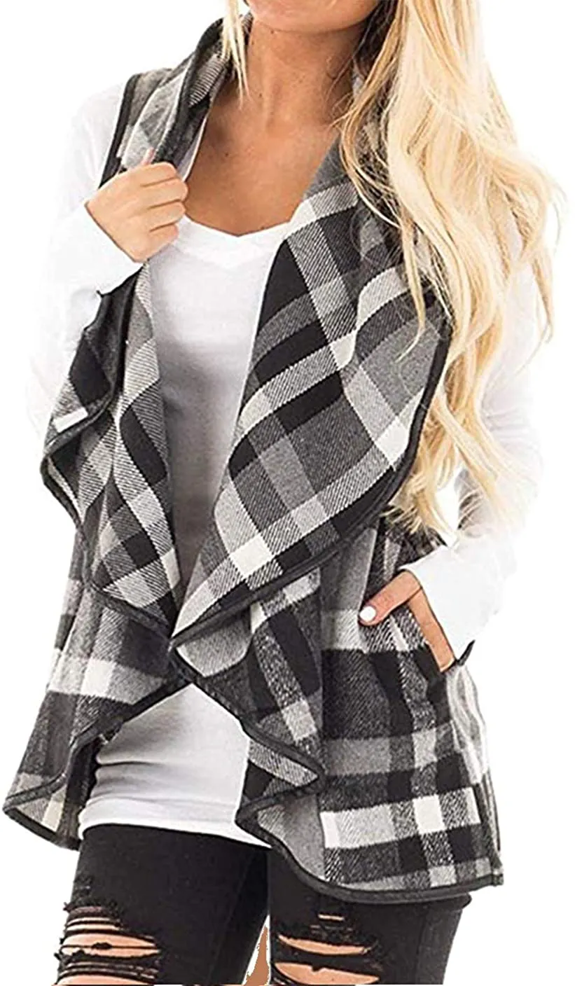 Womens Casual Lapel Open Front Plaid Vest Cardigan Coat with Pockets Sleeveless