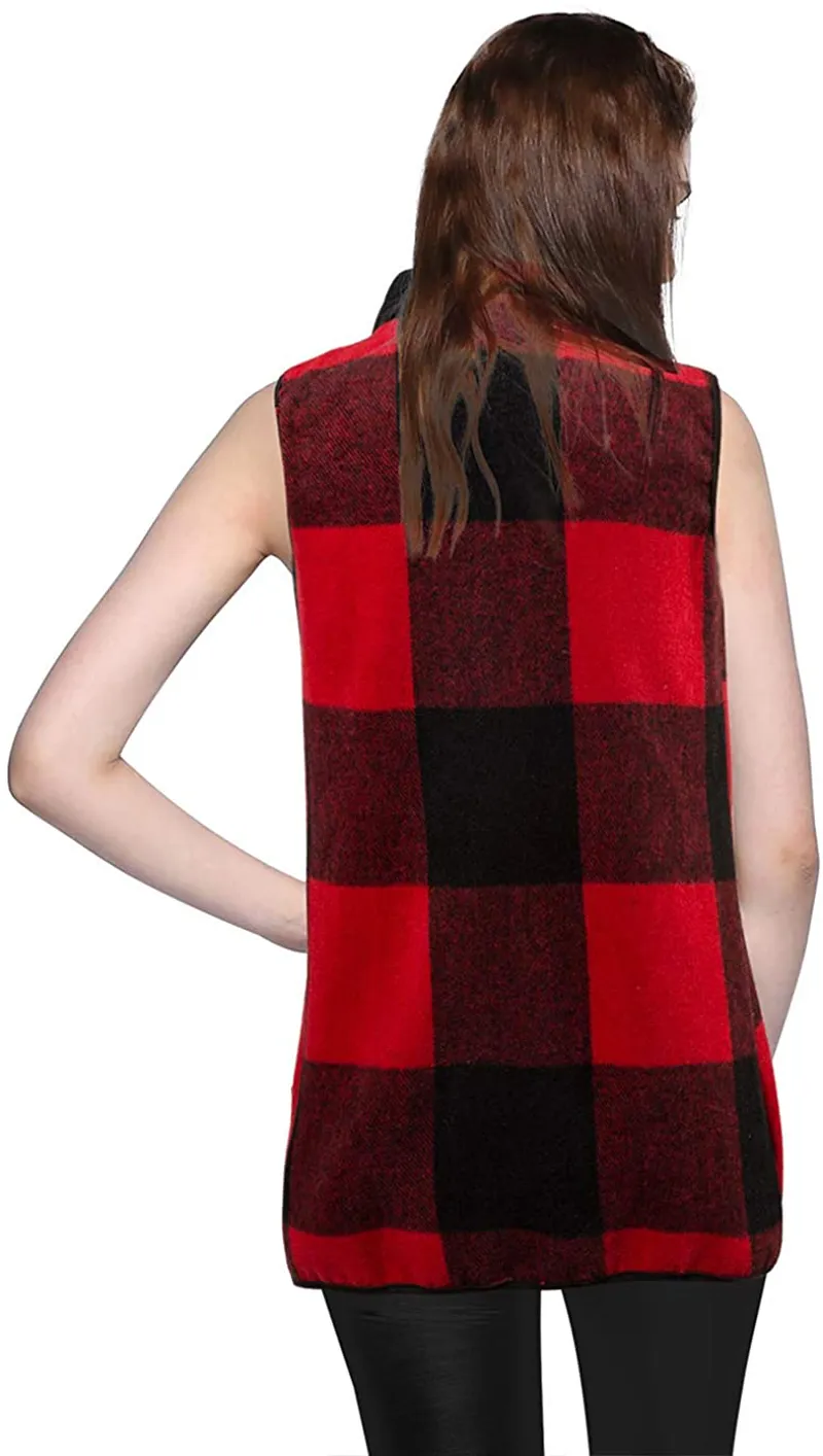 Womens Casual Lapel Open Front Plaid Vest Cardigan Coat with Pockets Sleeveless