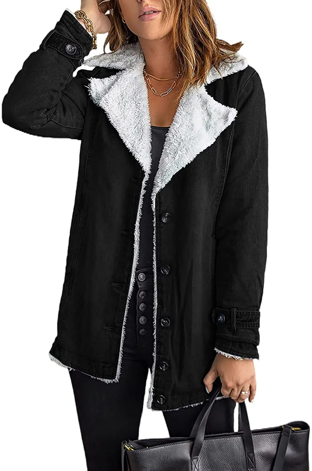 Women's Pitch Black Lapel Sherpa Jacket with Pockets