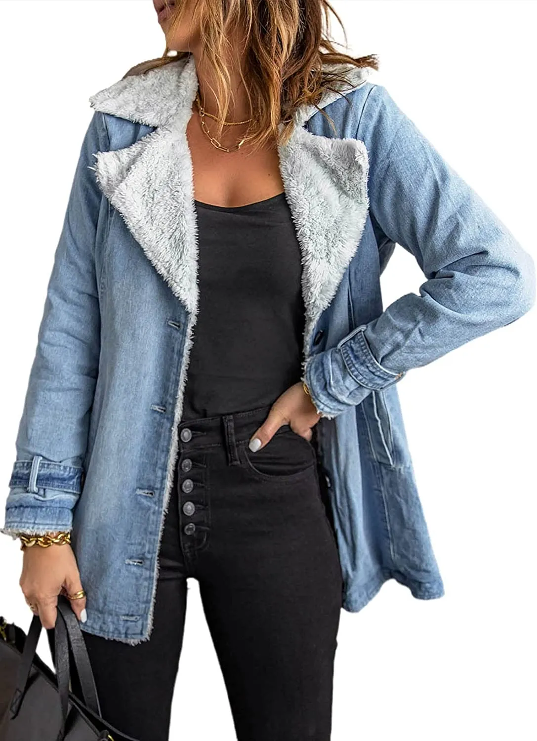 Women's Pitch Black Lapel Sherpa Jacket with Pockets