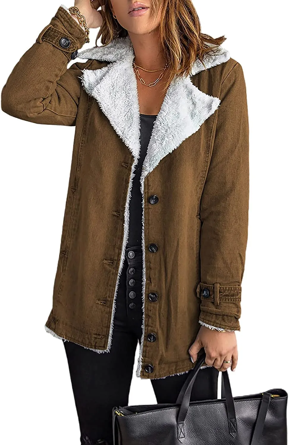 Women's Pitch Black Lapel Sherpa Jacket with Pockets