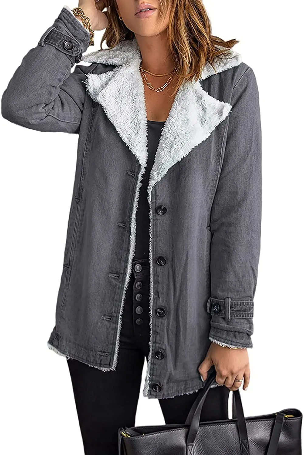 Women's Pitch Black Lapel Sherpa Jacket with Pockets