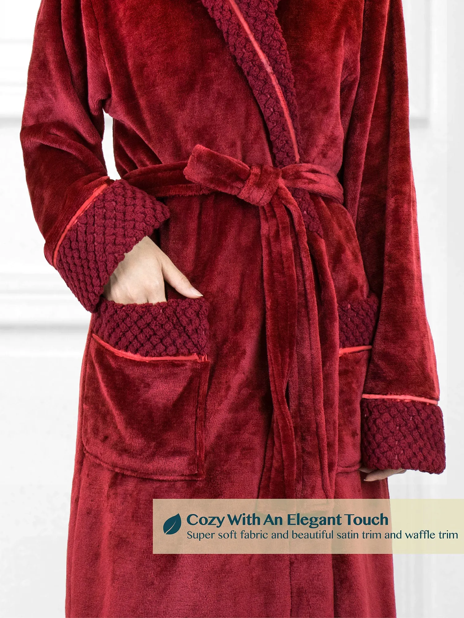 Women's Satin and Waffle Trim Fleece Robe