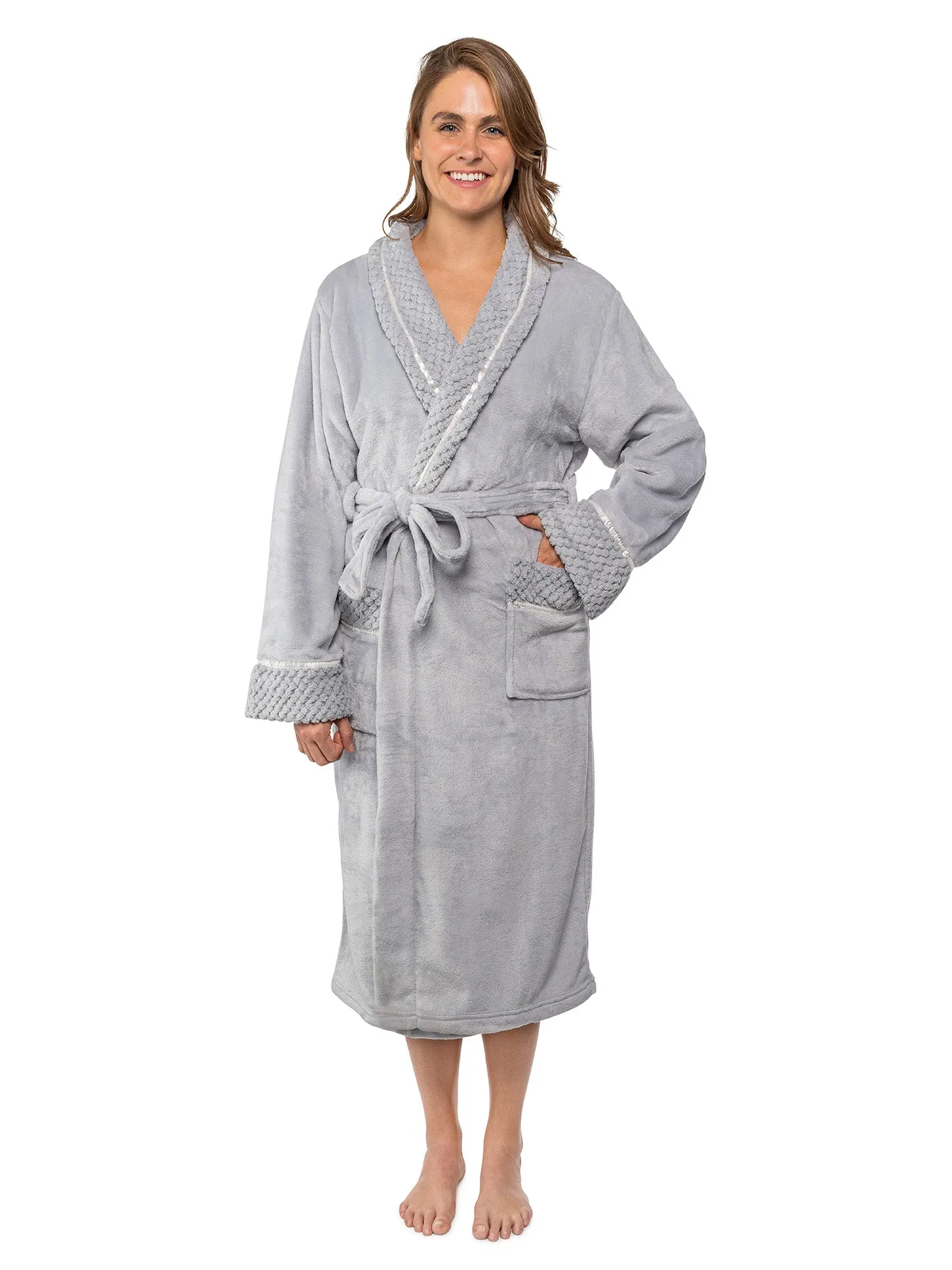 Women's Satin and Waffle Trim Fleece Robe