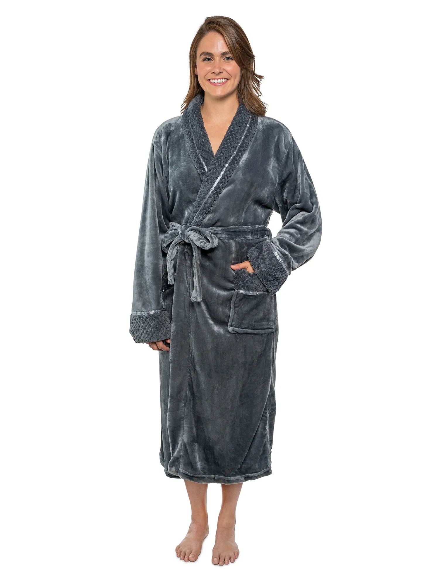 Women's Satin and Waffle Trim Fleece Robe