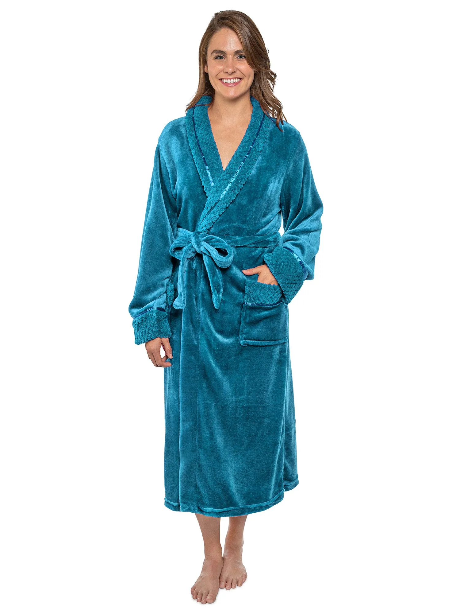 Women's Satin and Waffle Trim Fleece Robe