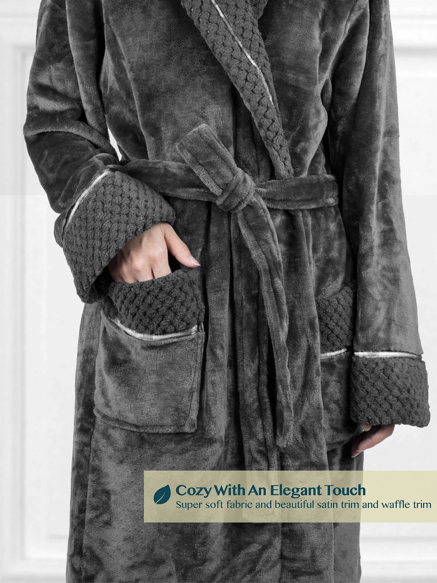Women's Satin and Waffle Trim Fleece Robe