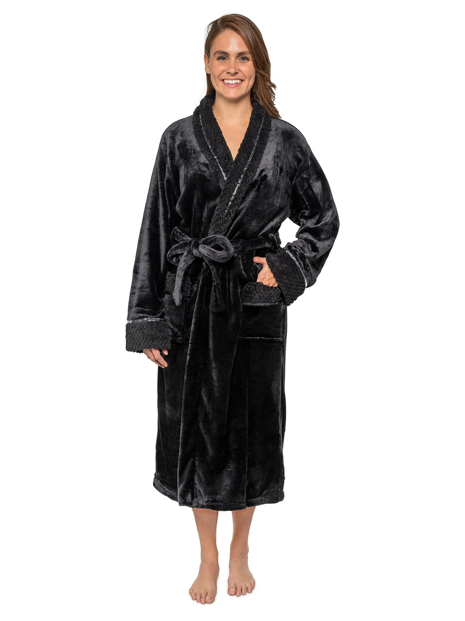 Women's Satin and Waffle Trim Fleece Robe
