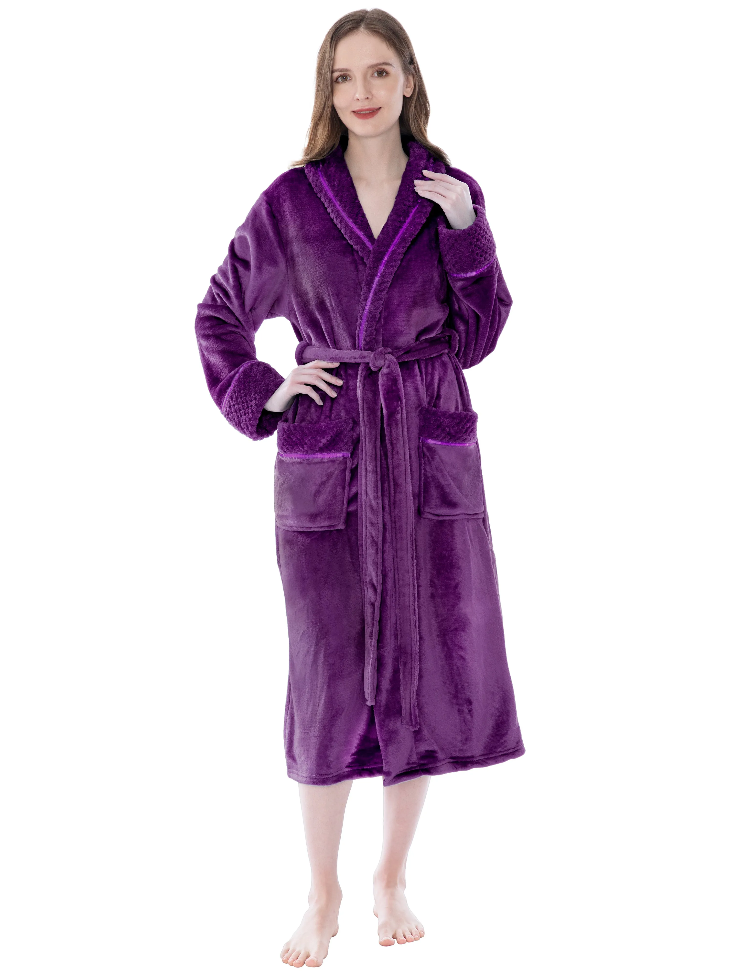 Women's Satin and Waffle Trim Fleece Robe